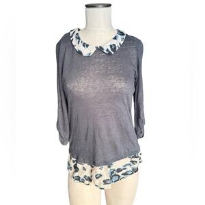 Twig & Perch Anthropologie Gray Linen Silk Blend Tunic Contrast Knit Top Sz S